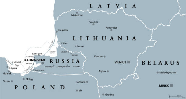 Lithuania and Russian exclave Kaliningrad Oblast, gray political map Lithuania and Kaliningrad, gray political map, with capitals and largest cities. Republic of Lithuania, an European and Baltic country, and Kaliningrad Oblast, a federal subject and exclave of Russia. gdynia stock illustrations