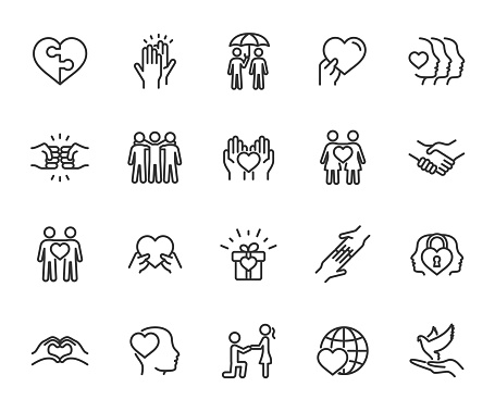 Vector set of friendship and love line icons. Contains icons friend, relationship, buddy, understanding, trust, help, dove of peace, care and more. Pixel perfect.