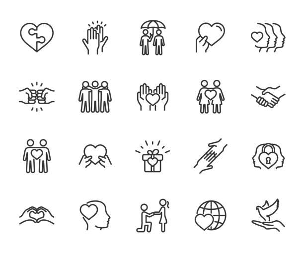 Vector set of friendship and love line icons. Contains icons friend, relationship, buddy, understanding, trust, help, dove of peace, care and more. Pixel perfect. Vector set of friendship and love line icons. Contains icons friend, relationship, buddy, understanding, trust, help, dove of peace, care and more. Pixel perfect. respect stock illustrations