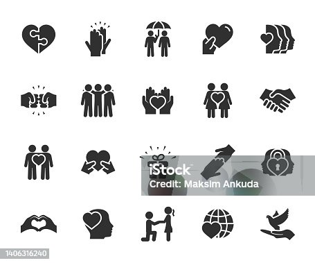 istock Vector set of friendship and love flat icons. Contains icons friend, relationship, buddy, understanding, trust, help, dove of peace, care and more. Pixel perfect. 1406316240