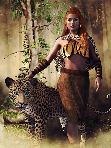 Young woman wearing tribal clothes standing with a leopard under a tree. 3D render - the woman is a 3D object.