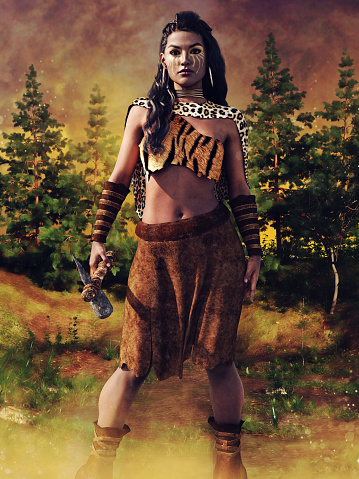Woman warrior with an axe, with tribal paintings on her face, wearing tribal clothes. 3D render - the woman is a 3D object.