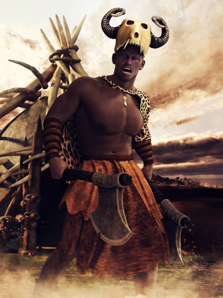 Angry tribal warrior standing in front of a hut, holding two axes in his hands. 3D render - the man is a 3D object.