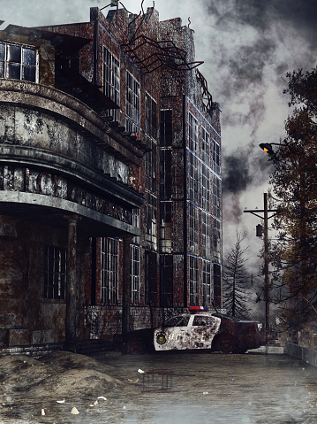 Dark scene with a ruined building and abandoned police car in a street of a destroyed city. 3D render.