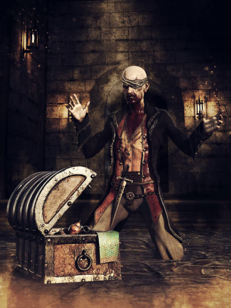 Dark scene with an undead pirate kneeling in front of a treasure chest in a dungeon. 3D render - the man is a 3D object.