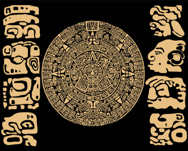 alter maya-kalender. vektorillustration auf schwarzem hintergrund - north american tribal culture stock-grafiken, -clipart, -cartoons und -symbole