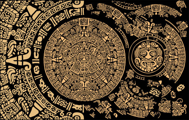 Ancient Mayan Calendar. Abstract design with an ancient Mayan ornament. Images of characters of ancient American Indians.
The Mayan alphabet.Ancient signs of America on a black background. mayan stock illustrations