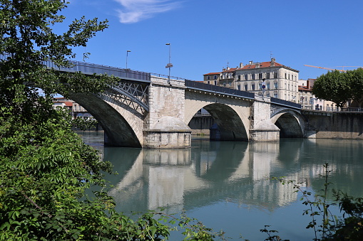 The old bridge, stone bridge over the Isère river, town of Romans sur Isère, Drôme department, France