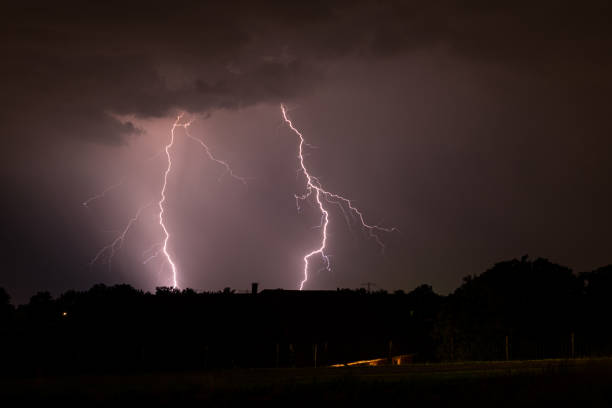 istock Double lightning strike behind a row of trees 1406319409