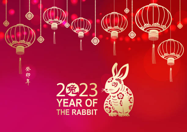 Celebration Chinese New Year with Rabbit Celebrate the Year of the Rabbit 2023 with lights and gold colored Chinese lanterns and rabbit on the red background, the Chinese stamp means rabbit and the vertical Chinese phrase means Year of the Rabbit according to lunar calendar system lunar new year stock illustrations