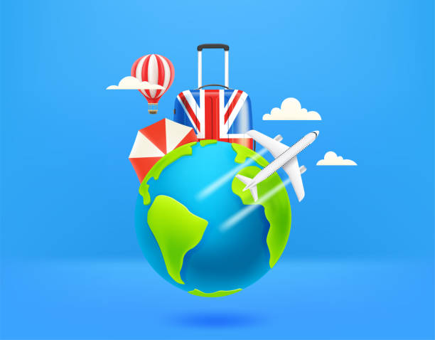 istock Around the world tour concept with the Earth, airplane and travel accessories. Vector 3d illustration 1406320776