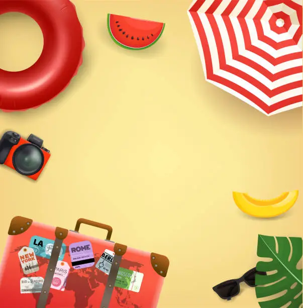 Vector illustration of Travel banner with red bag and summer accessories. 3d Vector banner with copy space