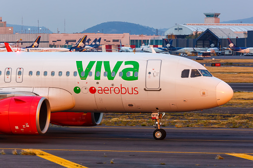 Mexico City, Mexico - April 15, 2022: Viva Aerobus Airbus A320neo airplane at Mexico City airport (MEX) in Mexico.