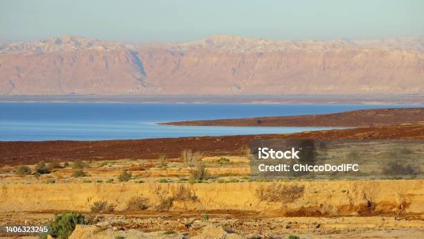 Panorama Of The Dead Sea Of Azure Color With The Mountains In The Background And The Desert In The Foreground Stock Photo - Download Image Now