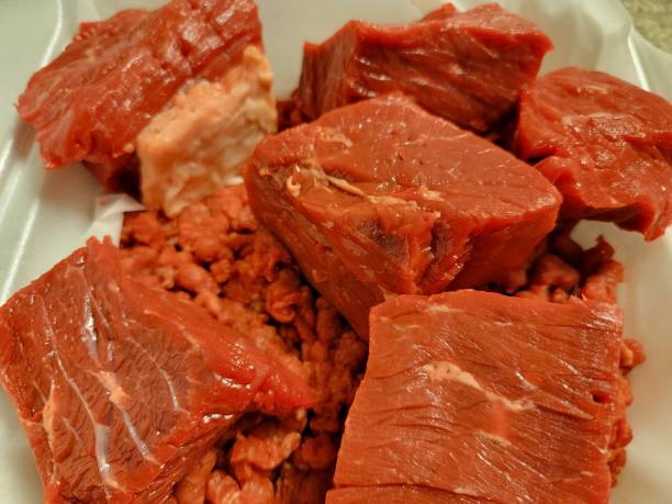 istock large chunks of raw red beef meat in foam container 1406323881