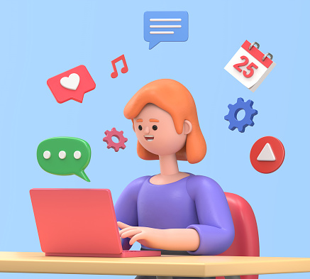 3D illustration of smiling businesswoman Ellen  with laptop chatting on the computer with flying concept Icons and speech bubble. Business abstract presentation concept.