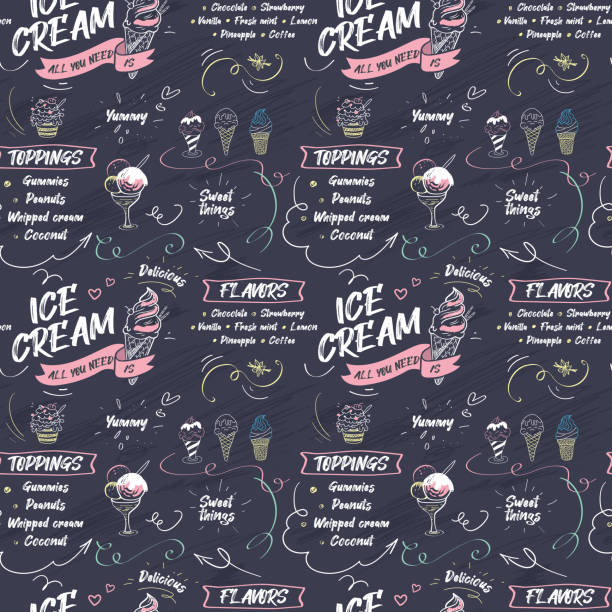 Seamless pattern with ice cream doodles and 
text on dark background Ice cream seamless pattern with hand drawn chalk elements and 
lettering on dark gray background vanilla ice cream stock illustrations