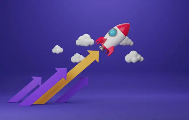 Rocket or spaceship launched through an arrow pointing upwards and clouds. Career growth or a successful startup business. 3d render illustration.