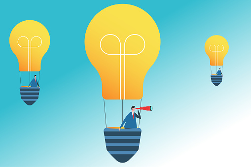 Businessmen flying on a light bulbs as a balloons. Creativity and competition concept. Flat vector illustration.