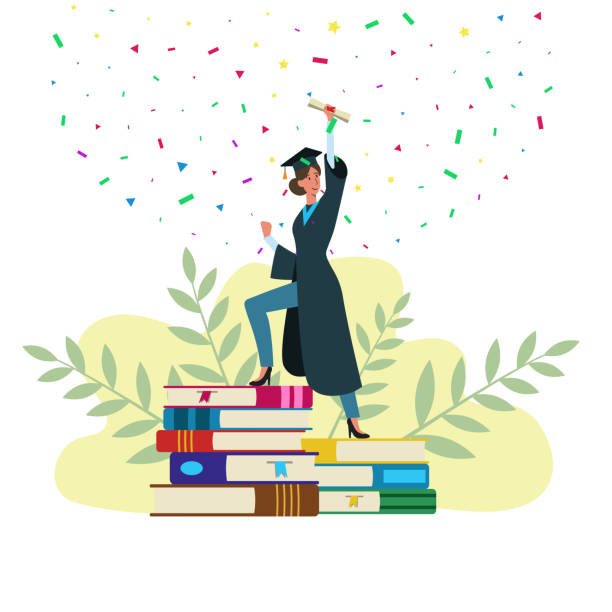 Female student celebrating graduation vector illustration. Female student celebrating graduation. Flat vector illustration. continuing education stock illustrations