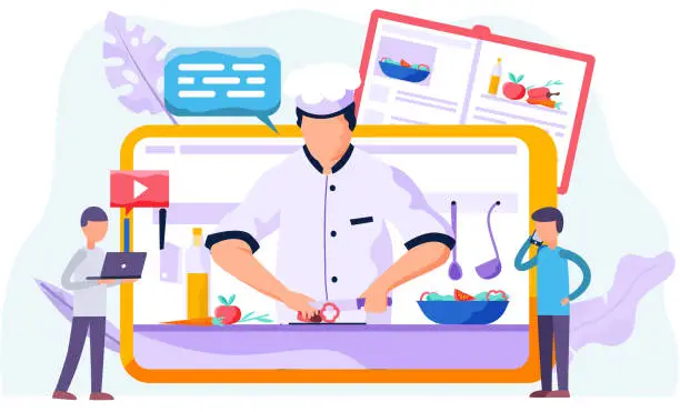 Vector illustration of Men work with screen with chef preparing salad on background. Cooking blog. Online culinary class