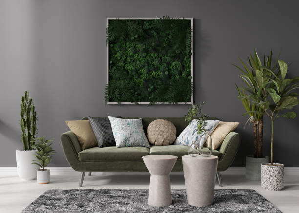 Stabilized moss hanging on the wall in modern interior. Panel of green moss. Beautiful square decoration element, made of stabilized plants: grass, moss, fern and green leaves. 3d rendering.