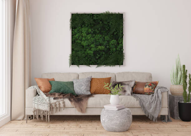 istock Stabilized moss hanging on the wall in modern interior. Panel of green moss. Beautiful square decoration element, made of stabilized plants: grass, moss, fern and green leaves. 3d rendering. 1406328989