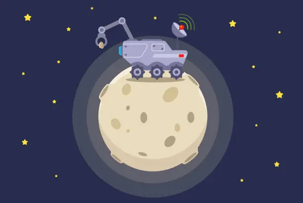 Vector illustration of lunar rover works on the surface of the moon. exploration of a space object. flat vector illustration.