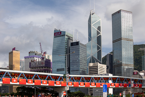 Hong Kong - June 29, 2022 : Footbridge decorated with China and Hong Kong flags to celebrate the 25th anniversary of the city's handover from Britain to China, in Central, Hong Kong.