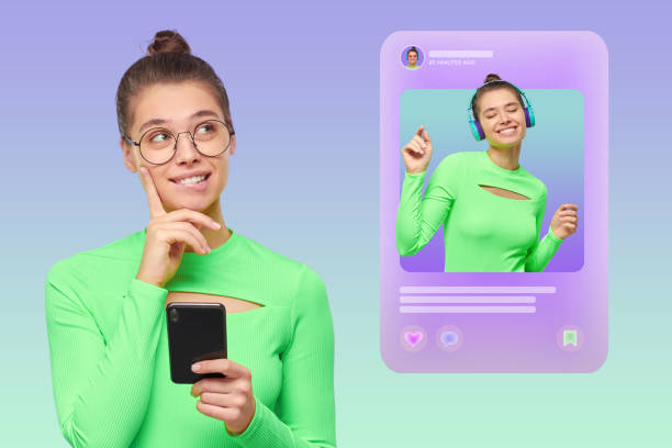 istock Smart thoughtful girl doing smm with phone, creating new post for social media 1406332086