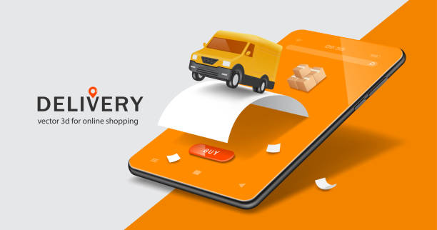 ilustrações de stock, clip art, desenhos animados e ícones de delivery van ejected from smartphone and floated on receipt to prepare to deliver goods to customers - truck moving van white backgrounds