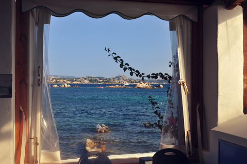 Beautiful seascape seen from cafeteria window - La Maddalena, Sardinia, Italy