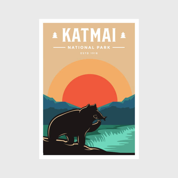 Katmai National Park poster vector illustration design Katmai National Park poster vector illustration design alaska landscape stock illustrations