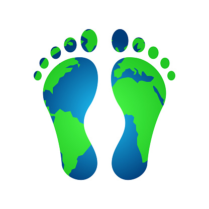Carbon neutrality idea. World map with human feet. Greenhouse gasses pollution. Sustainable environment. Vector illustration, flat, clip art.