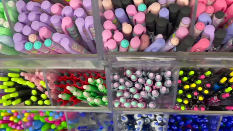 Multicolour pens on a store shelf top view.