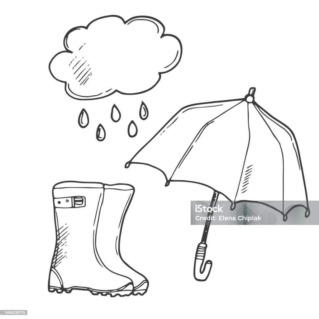 Cute Outline Illustration Of Cloud Rubber Boots And Umbrella ...