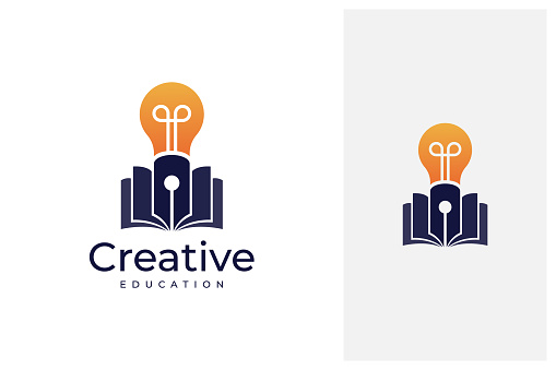 pen, bulb and book creative education logo design