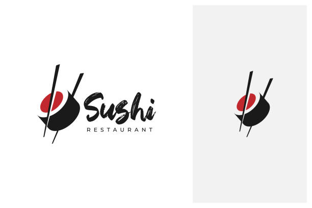 illustrazioni stock, clip art, cartoni animati e icone di tendenza di bacchetta che tiene il design del logo del sushi - sushi sashimi salmon tuna