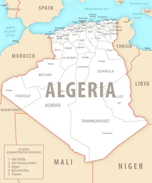 Vector illustration of Algeria detailed map with regions and cities of the country.