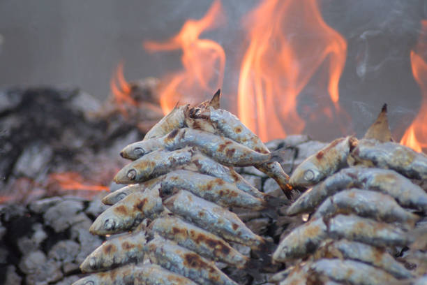 Sardines espetos grilled at fire, typical spanish food