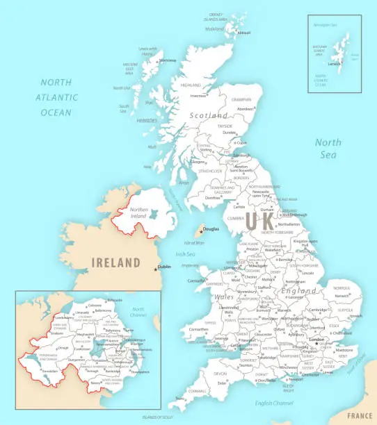 Vector illustration of United Kingdom detailed map with regions and cities of the country.