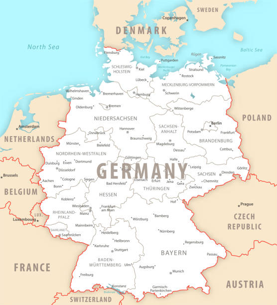 deutschland detaillierte karte mit regionen und städten des landes. - bundesländer stock-grafiken, -clipart, -cartoons und -symbole