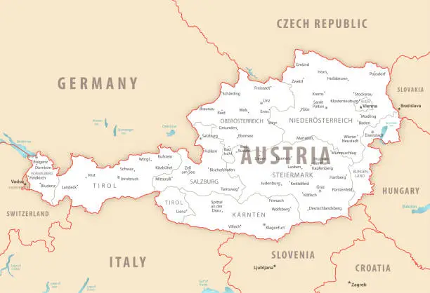 Vector illustration of Austria detailed map with regions and cities of the country.