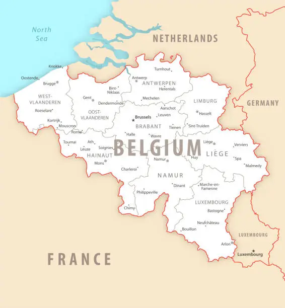 Vector illustration of Belgium detailed map with regions and cities of the country.