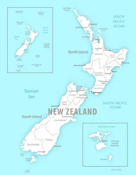 Vector illustration of New Zealand detailed map with regions and cities of the country.