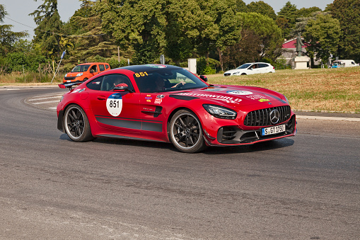 Supercar Mercedes AMG GT R Pro runs during the historical car race Mille Miglia, in Forlimpopoli, FC, Italy, on June 16, 2022