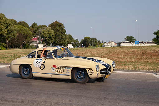 Vintage sports car Mercedes Benz 300 SL Coupe W198 (1955) in historical classic race Mille Miglia, in Forlimpopoli, FC, Italy, on June 16, 2022