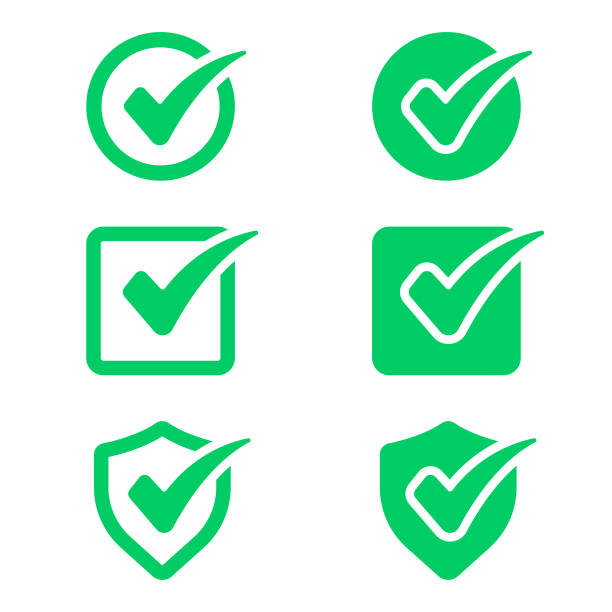 ilustraciones, imágenes clip art, dibujos animados e iconos de stock de marque el conjunto de iconos de marca y casilla de verificación. - questionnaire quality control checklist exam