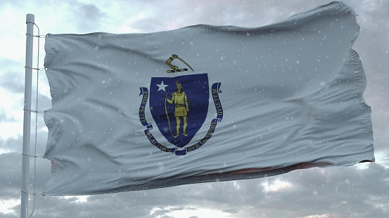 Massachusetts winter flag with snowflakes background. United States of America. 3d rendering.