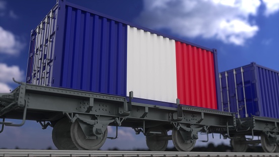 Train and containers with the flag of France. Railway transportation. 3d rendering.
